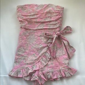 Olivaceous pink and green floral strapless romper